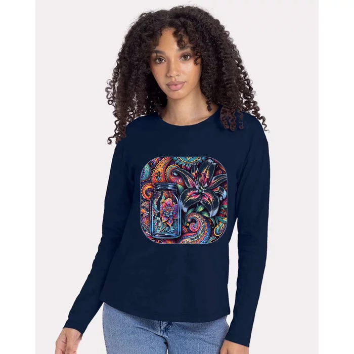 Magic Jar Lily Flower Paisley Garden Premium Womens Cotton Relaxed Long Sleeve T-Shirt