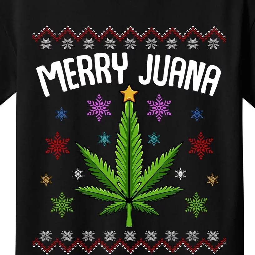 Merry Juana Ugly Christmas 420 Cannabis Marijuana Leaf Weed Kids T-Shirt