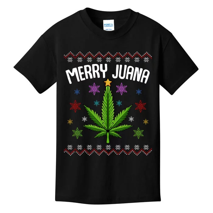 Merry Juana Ugly Christmas 420 Cannabis Marijuana Leaf Weed Kids T-Shirt