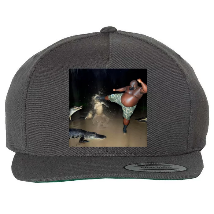 Man Kicking Alligator In Swamp Funny Oddly Specific Meme Wool Snapback Cap