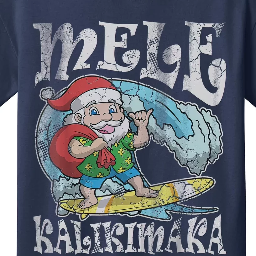 Mele Kalikimaka Christmas Santa Claus Hawaii Surfing Kids T-Shirt