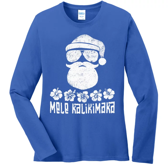 Mele Kalikimaka Christmas Hawaiian Santa Ladies Long Sleeve Shirt