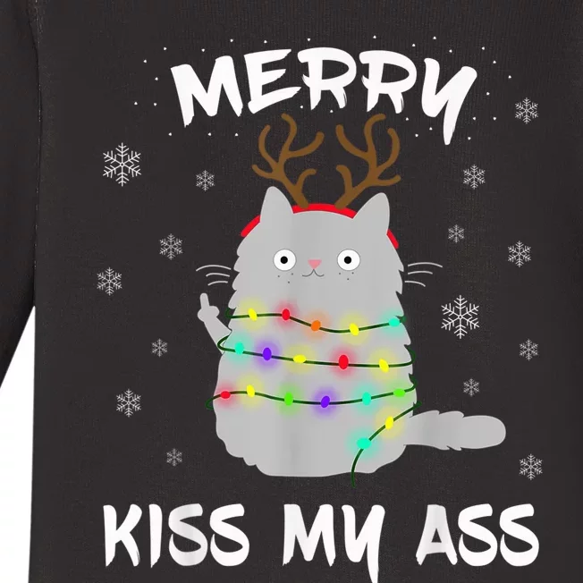 Merry KissMyAss Christmas Theme Cat Lovers Gift for Cat Mum Baby Long Sleeve Bodysuit