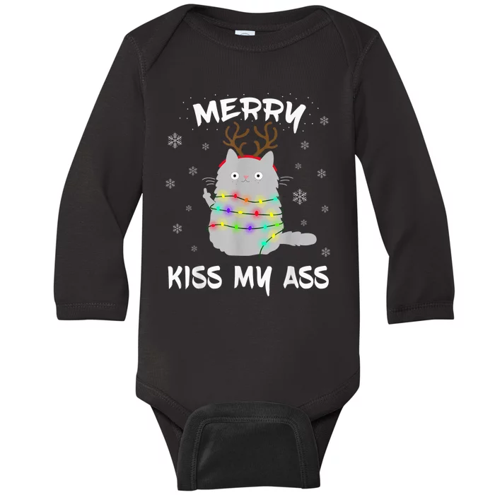 Merry KissMyAss Christmas Theme Cat Lovers Gift for Cat Mum Baby Long Sleeve Bodysuit