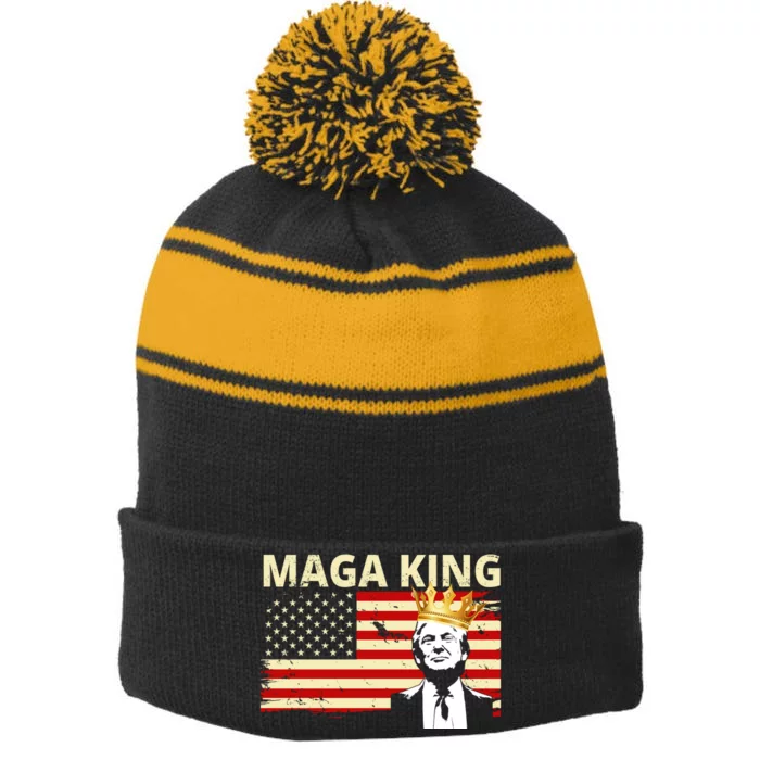 MAGA King Donald Trump Usa Flag Stripe Pom Pom Beanie