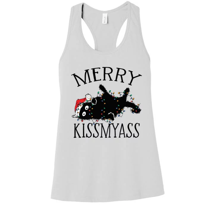 Merry Kissmyass Funny Christmas Cat Tangled In Lights Women's Racerback Tank