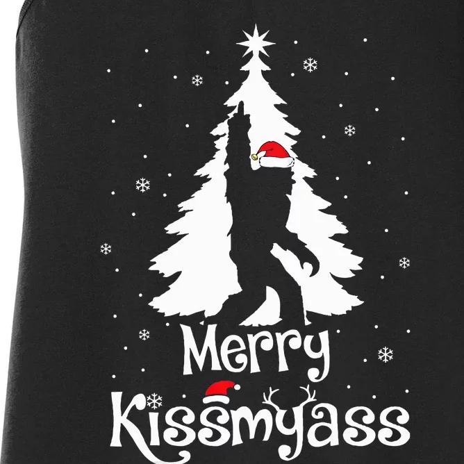 Merry Kissmyass Funny Bigfoot Yeti Sasquatch Christmas Tree Women's Racerback Tank