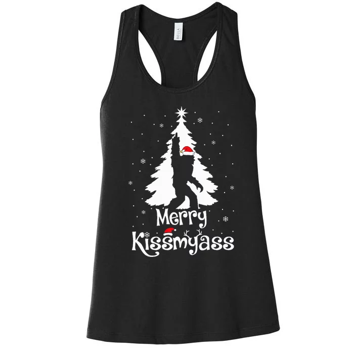 Merry Kissmyass Funny Bigfoot Yeti Sasquatch Christmas Tree Women's Racerback Tank