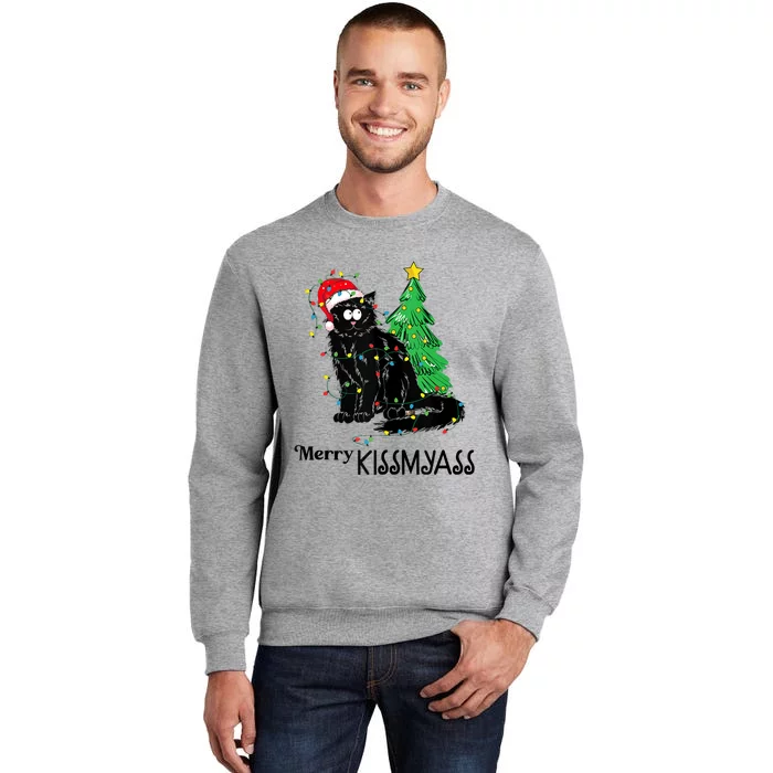 Merry Kissmyass Funny Black Cat Christmas Cat Lover Xmas Tall Sweatshirt