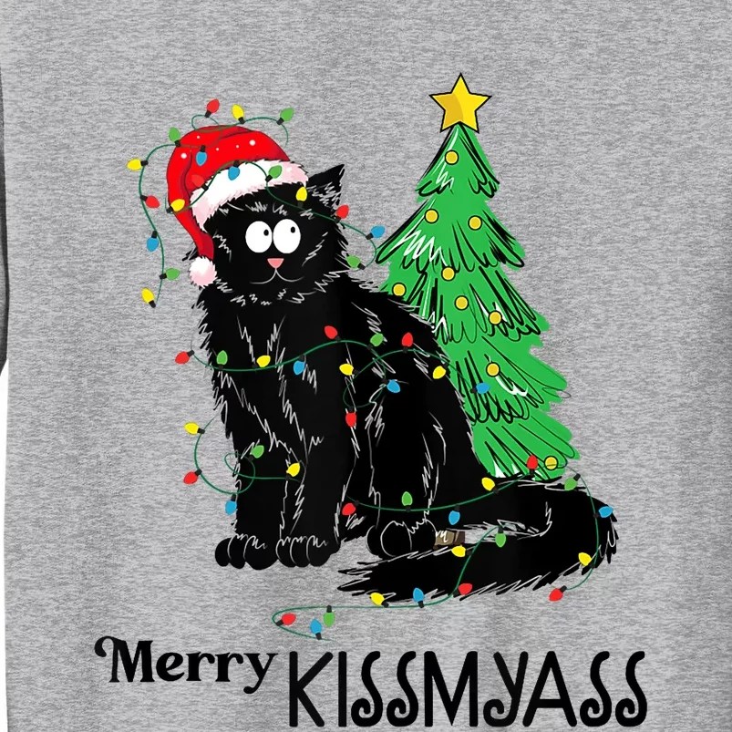 Merry Kissmyass Funny Black Cat Christmas Cat Lover Xmas Tall Sweatshirt