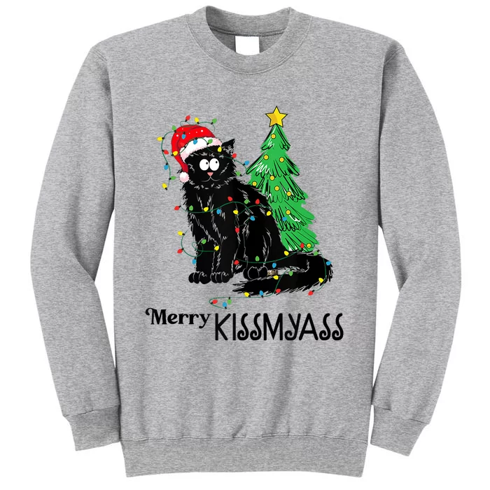 Merry Kissmyass Funny Black Cat Christmas Cat Lover Xmas Tall Sweatshirt