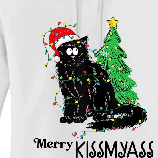 Merry Kissmyass Funny Black Cat Christmas Cat Lover Xmas Women's Pullover Hoodie