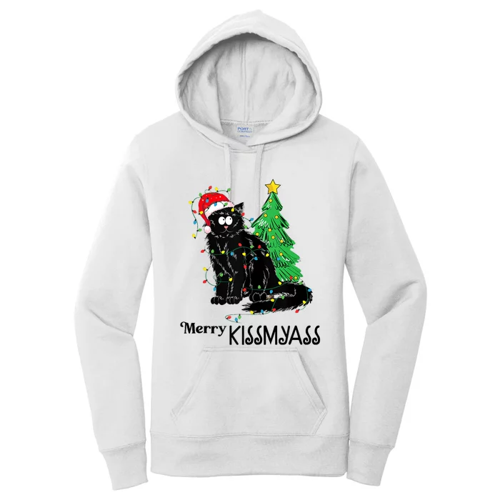 Merry Kissmyass Funny Black Cat Christmas Cat Lover Xmas Women's Pullover Hoodie