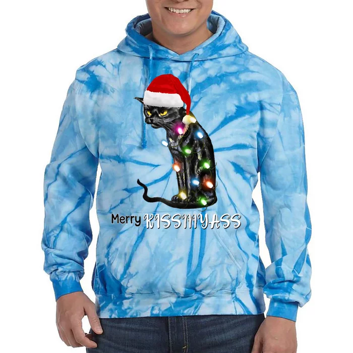 Merry Kissmyass Funny Cat Christmas Lights Tie Dye Hoodie