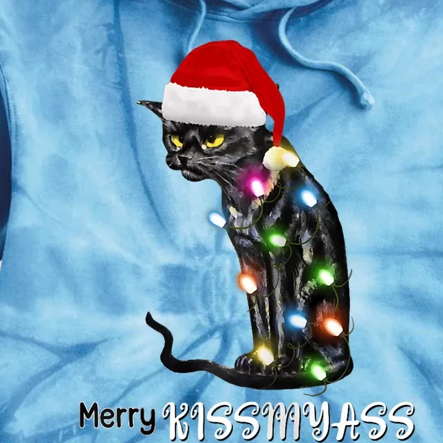 Merry Kissmyass Funny Cat Christmas Lights Tie Dye Hoodie