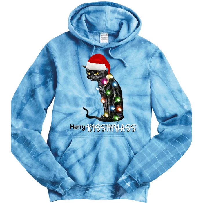 Merry Kissmyass Funny Cat Christmas Lights Tie Dye Hoodie