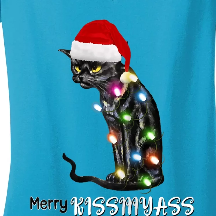 Merry Kissmyass Funny Cat Christmas Lights Women's V-Neck T-Shirt