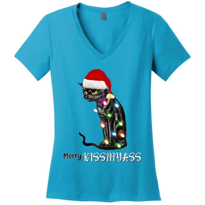 Merry Kissmyass Funny Cat Christmas Lights Women's V-Neck T-Shirt