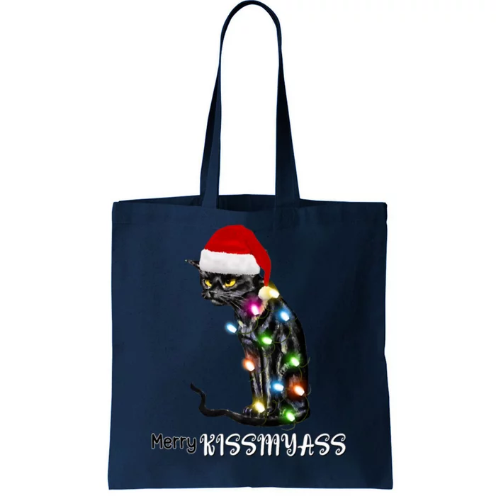 Merry Kissmyass Funny Cat Christmas Lights Tote Bag