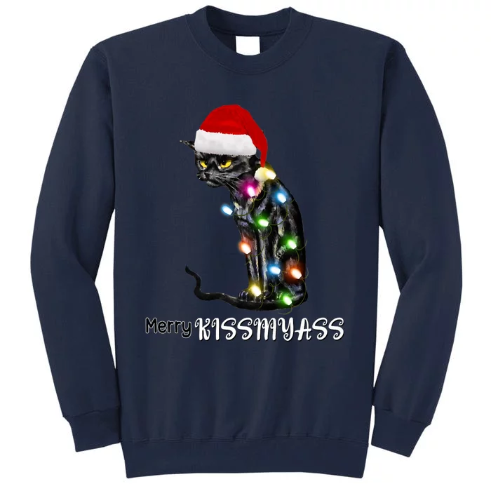 Merry Kissmyass Funny Cat Christmas Lights Tall Sweatshirt