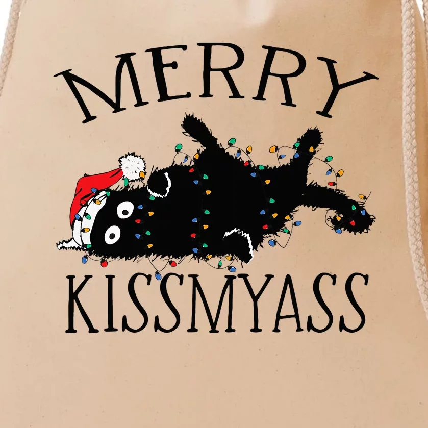 Merry Kissmyass Funny Christmas Cat Tangled In Lights Drawstring Bag