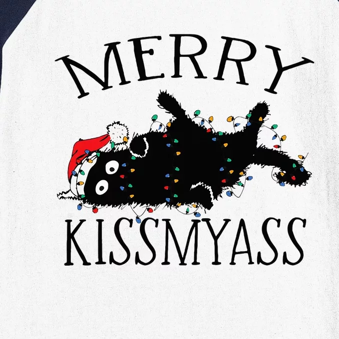 Merry Kissmyass Funny Christmas Cat Tangled In Lights Baseball Sleeve Shirt