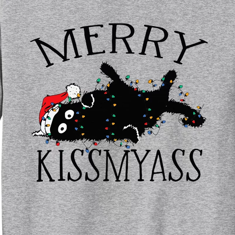 Merry Kissmyass Funny Christmas Cat Tangled In Lights Tall Sweatshirt