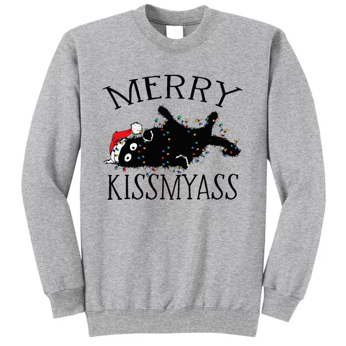 Merry Kissmyass Funny Christmas Cat Tangled In Lights Tall Sweatshirt