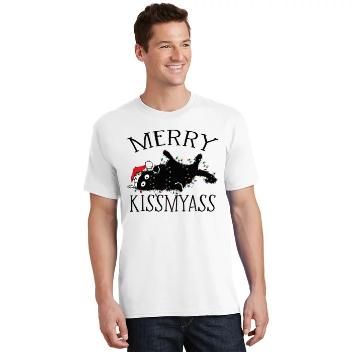 Merry Kissmyass Funny Christmas Cat Tangled In Lights T-Shirt