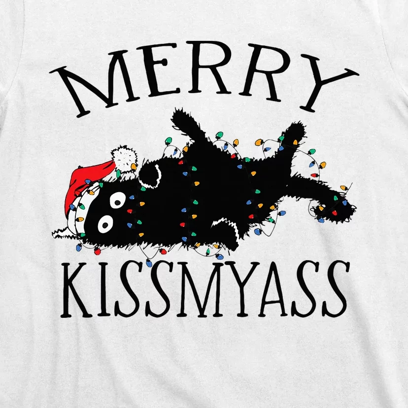 Merry Kissmyass Funny Christmas Cat Tangled In Lights T-Shirt