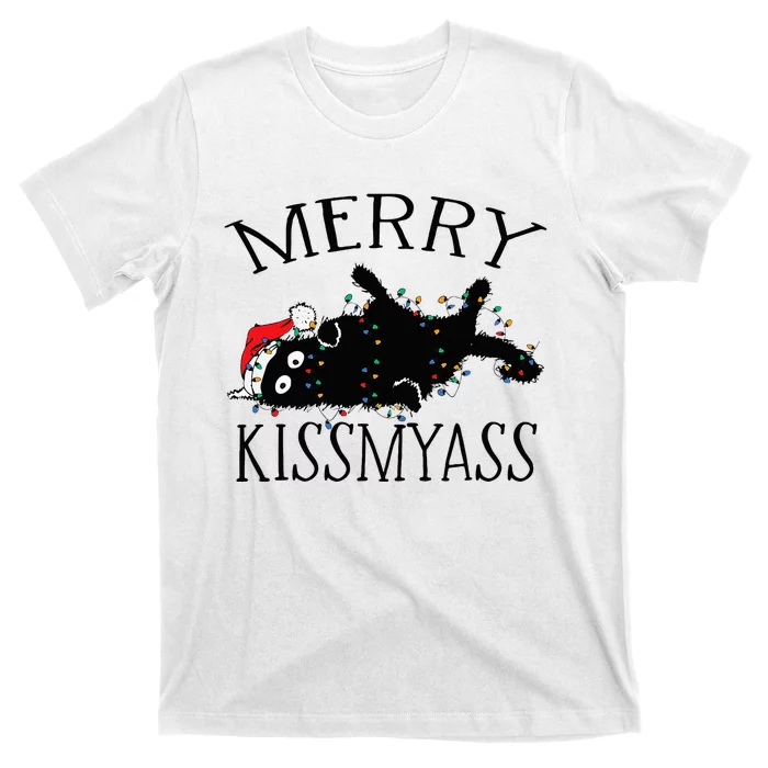 Merry Kissmyass Funny Christmas Cat Tangled In Lights T-Shirt