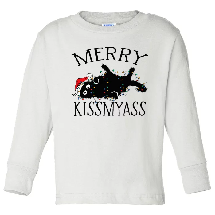 Merry Kissmyass Funny Christmas Cat Tangled In Lights Toddler Long Sleeve Shirt