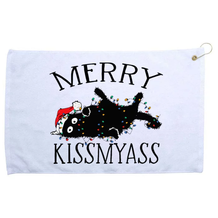 Merry Kissmyass Funny Christmas Cat Tangled In Lights Grommeted Golf Towel