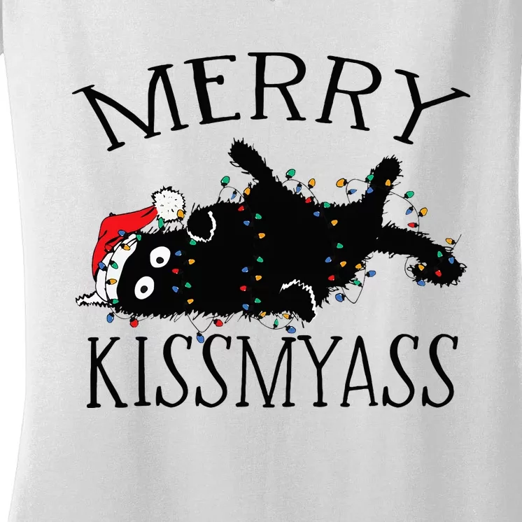 Merry Kissmyass Funny Christmas Cat Tangled In Lights Women's V-Neck T-Shirt