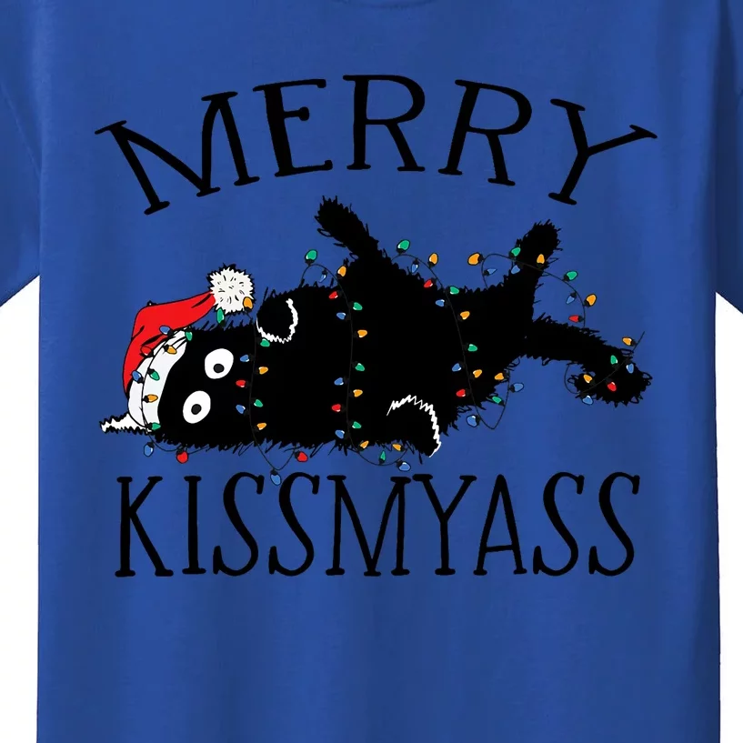 Merry Kissmyass Funny Christmas Cat Tangled In Xmas Lights Kids T-Shirt