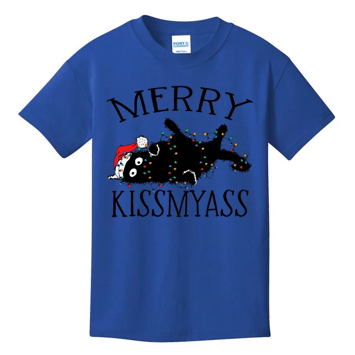 Merry Kissmyass Funny Christmas Cat Tangled In Xmas Lights Kids T-Shirt