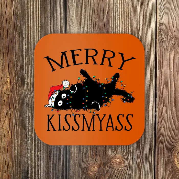 Merry Kissmyass Funny Christmas Cat Tangled In Lights Coaster