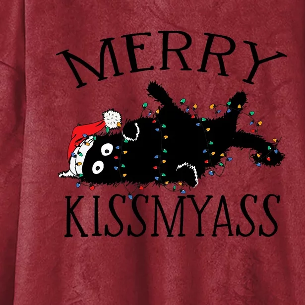 Merry Kissmyass Funny Christmas Cat Tangled In Lights Hooded Wearable Blanket