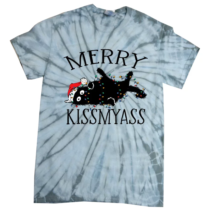 Merry Kissmyass Funny Christmas Cat Tangled In Lights Tie-Dye T-Shirt