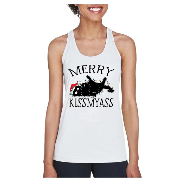 Merry Kissmyass Funny Christmas Cat Tangled In Lights Women's Racerback Tank