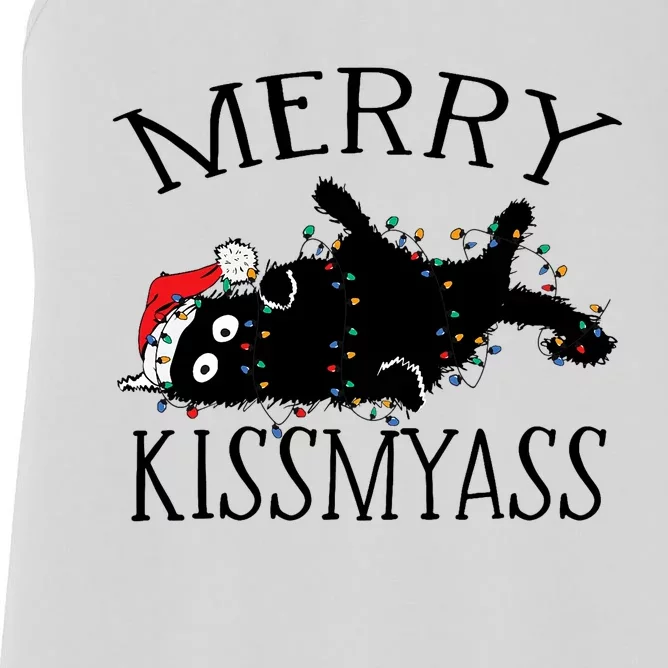 Merry Kissmyass Funny Christmas Cat Tangled In Lights Women's Racerback Tank