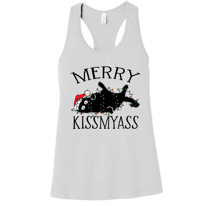 Merry Kissmyass Funny Christmas Cat Tangled In Lights Women's Racerback Tank