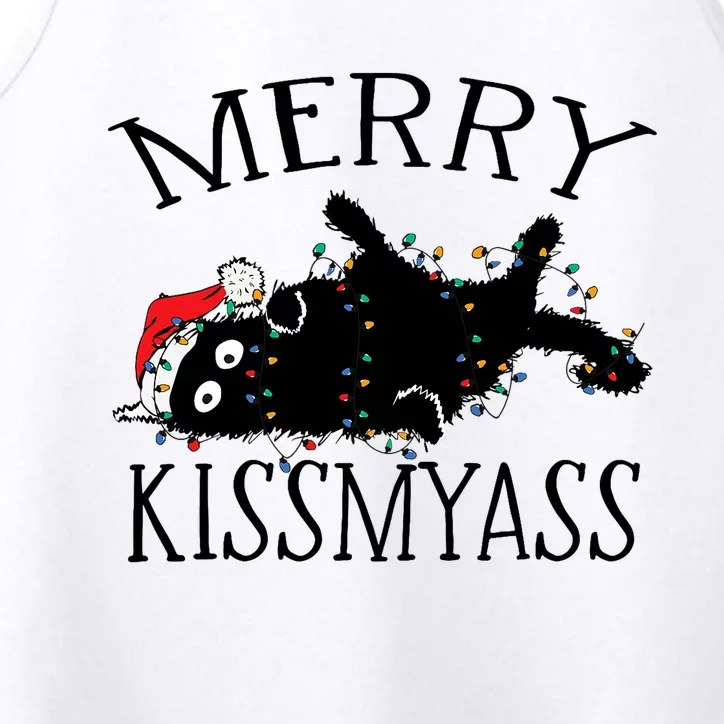 Merry Kissmyass Funny Christmas Cat Tangled In Lights Performance Tank