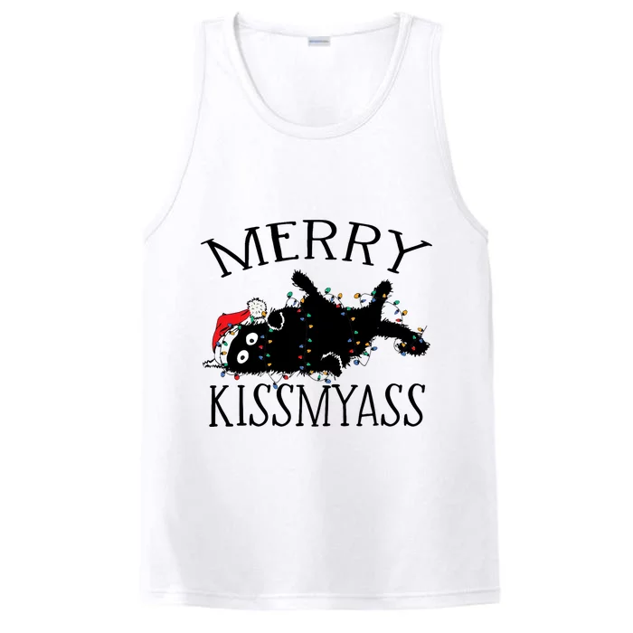 Merry Kissmyass Funny Christmas Cat Tangled In Lights Performance Tank