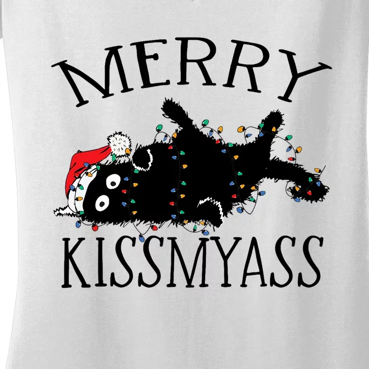 Merry Kissmyass Funny Christmas Cat Tangled In Lights Women's V-Neck T-Shirt