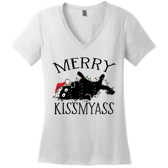 Merry Kissmyass Funny Christmas Cat Tangled In Lights Women's V-Neck T-Shirt