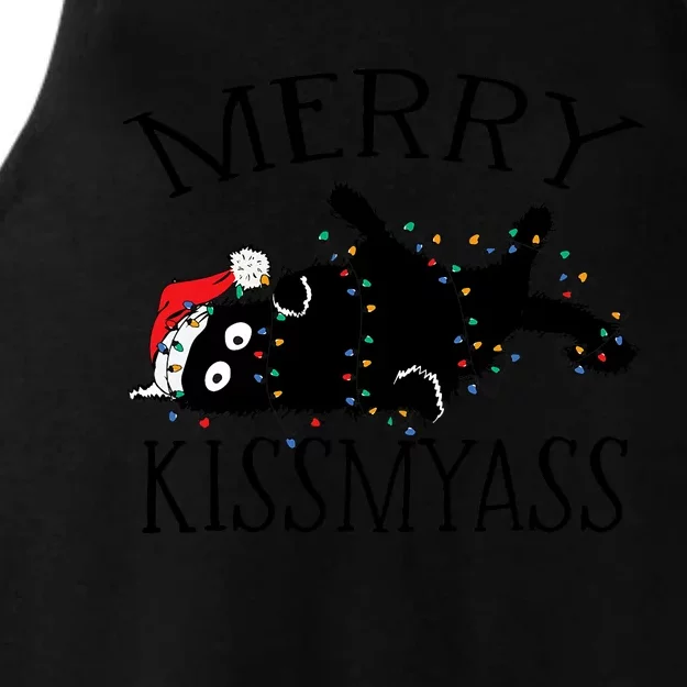 Merry Kissmyass Funny Christmas Cat Tangled In Lights Ladies Tri-Blend Wicking Tank