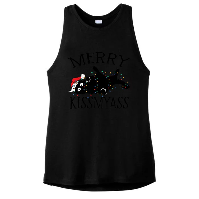 Merry Kissmyass Funny Christmas Cat Tangled In Lights Ladies Tri-Blend Wicking Tank