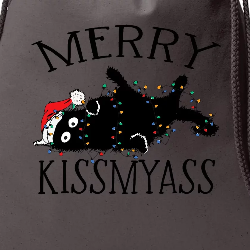 Merry Kissmyass Funny Christmas Cat Tangled In Lights Drawstring Bag