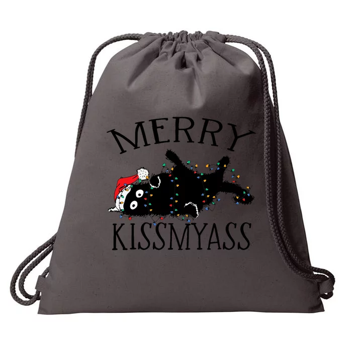 Merry Kissmyass Funny Christmas Cat Tangled In Lights Drawstring Bag